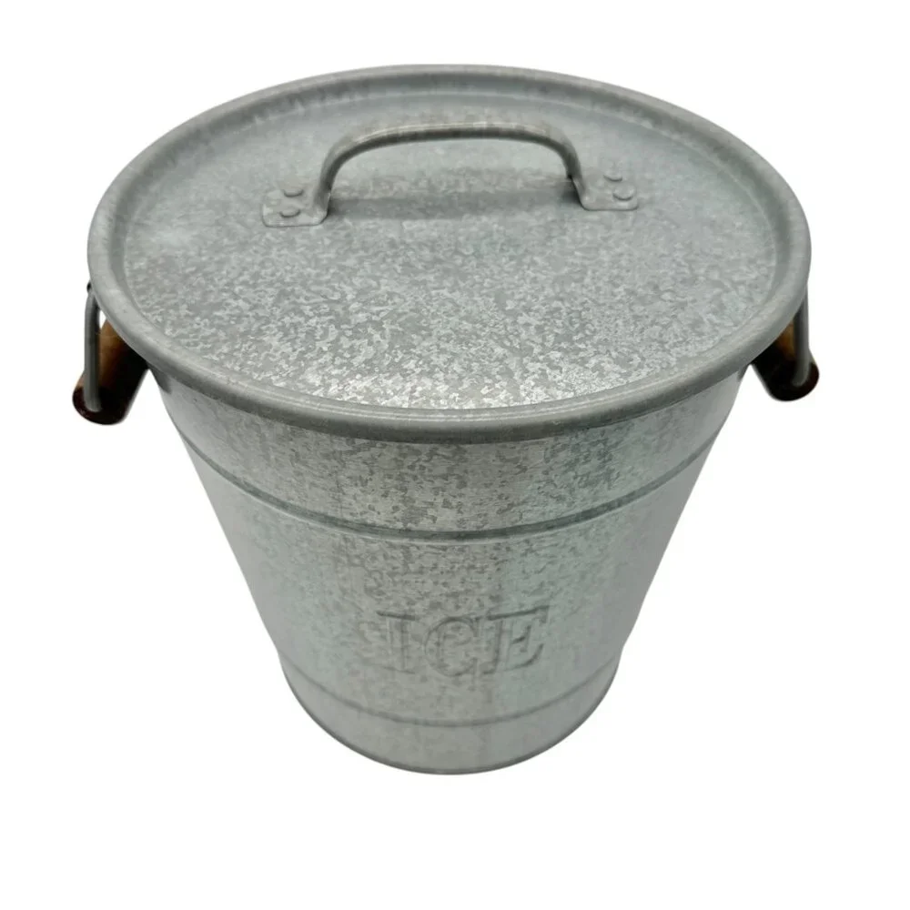 Galvanized Metal Ice Bucket With Lid Wood Accent Handles Handcrafted In Turkey